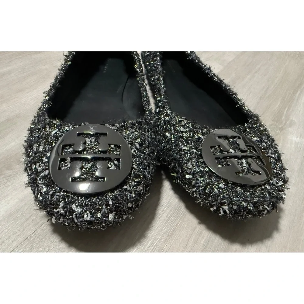 Tory Burch Minnie Travel Ballet Flats Sparkle Tweed Embellished Logo Gray Sz 13